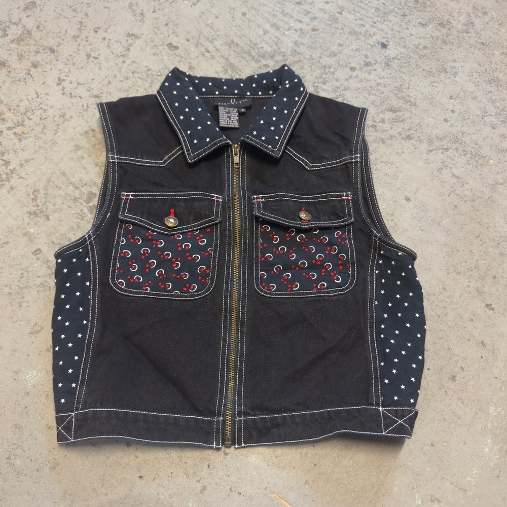 Carole Little Sport Vintage Black Denim Star Moon Western Zip Up Vest Small